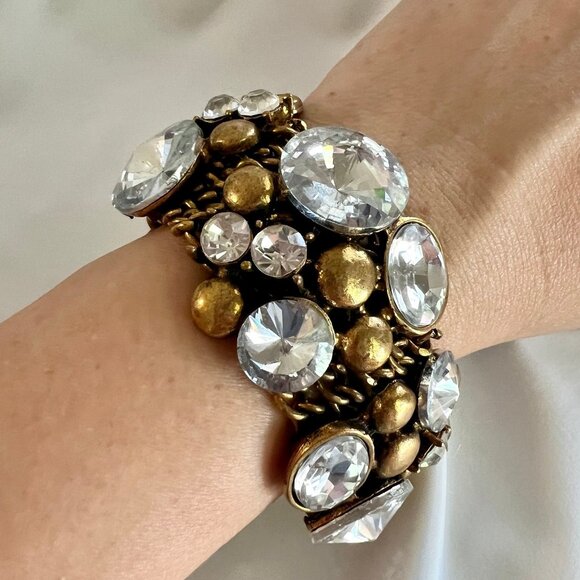 Chunky Large Rhinstone Bronze Gold Tone Statement Fashion Costume Bracelet - Picture 9 of 11